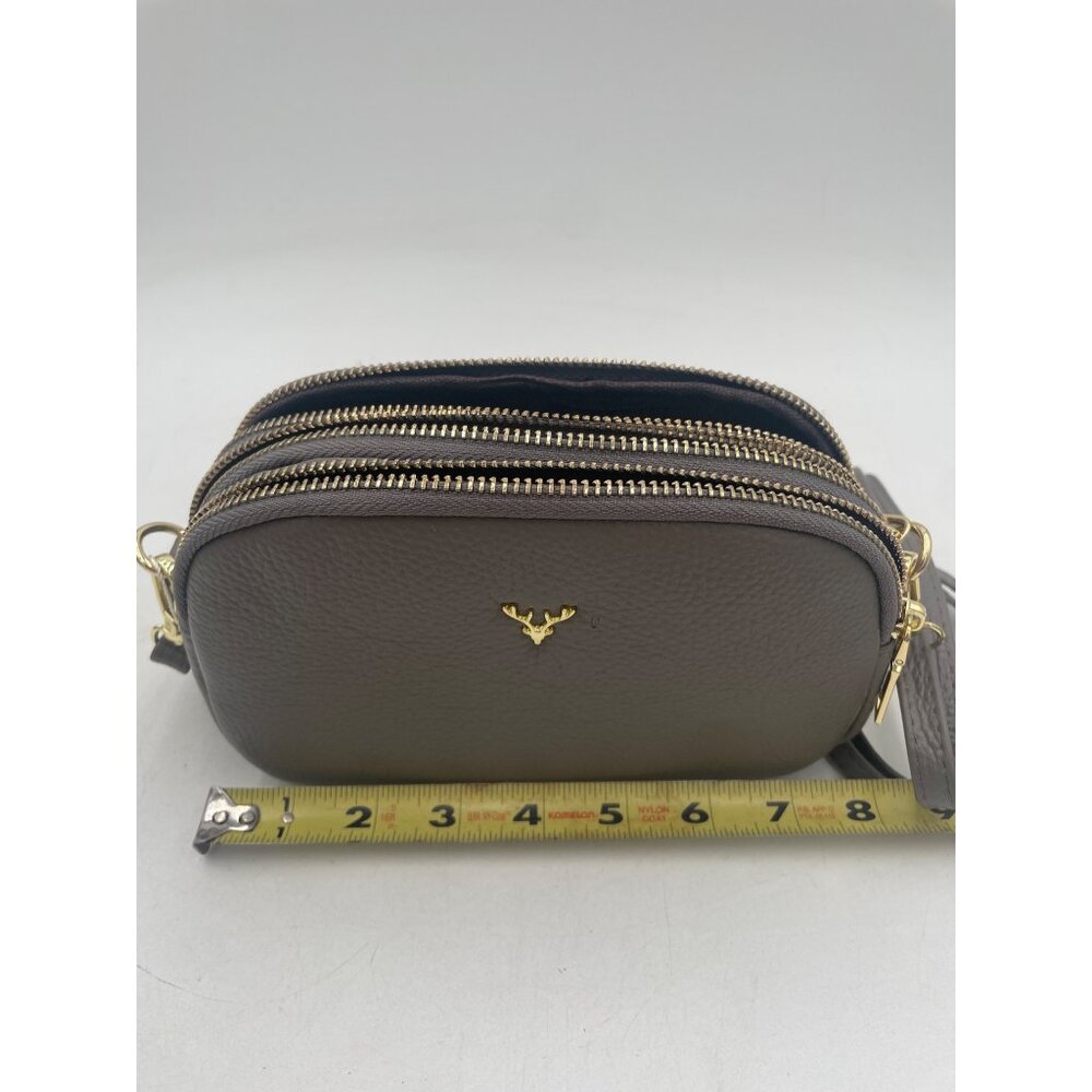 Brown Faux Leather Crossbody Bag With Gold Double Zippers & Antler Logo - Picture 11 of 12